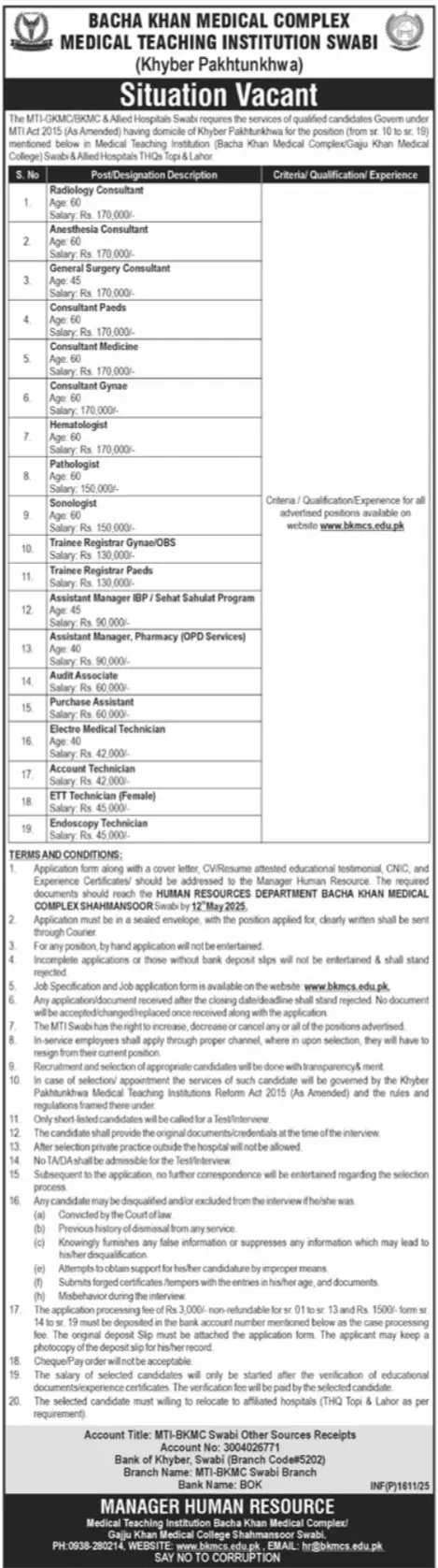 Bacha Khan Medical Complex Jobs 2025 Advertisement