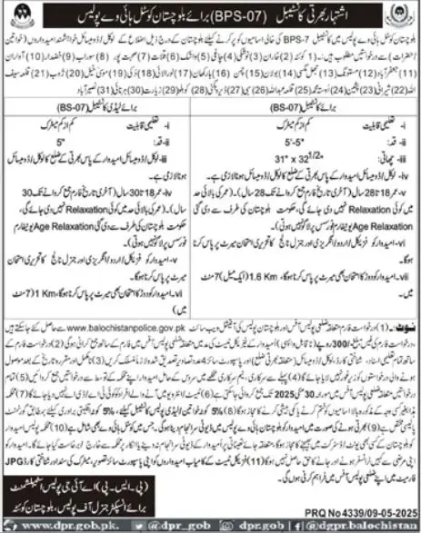Balochistan Police Jobs 2025 Advertisement
