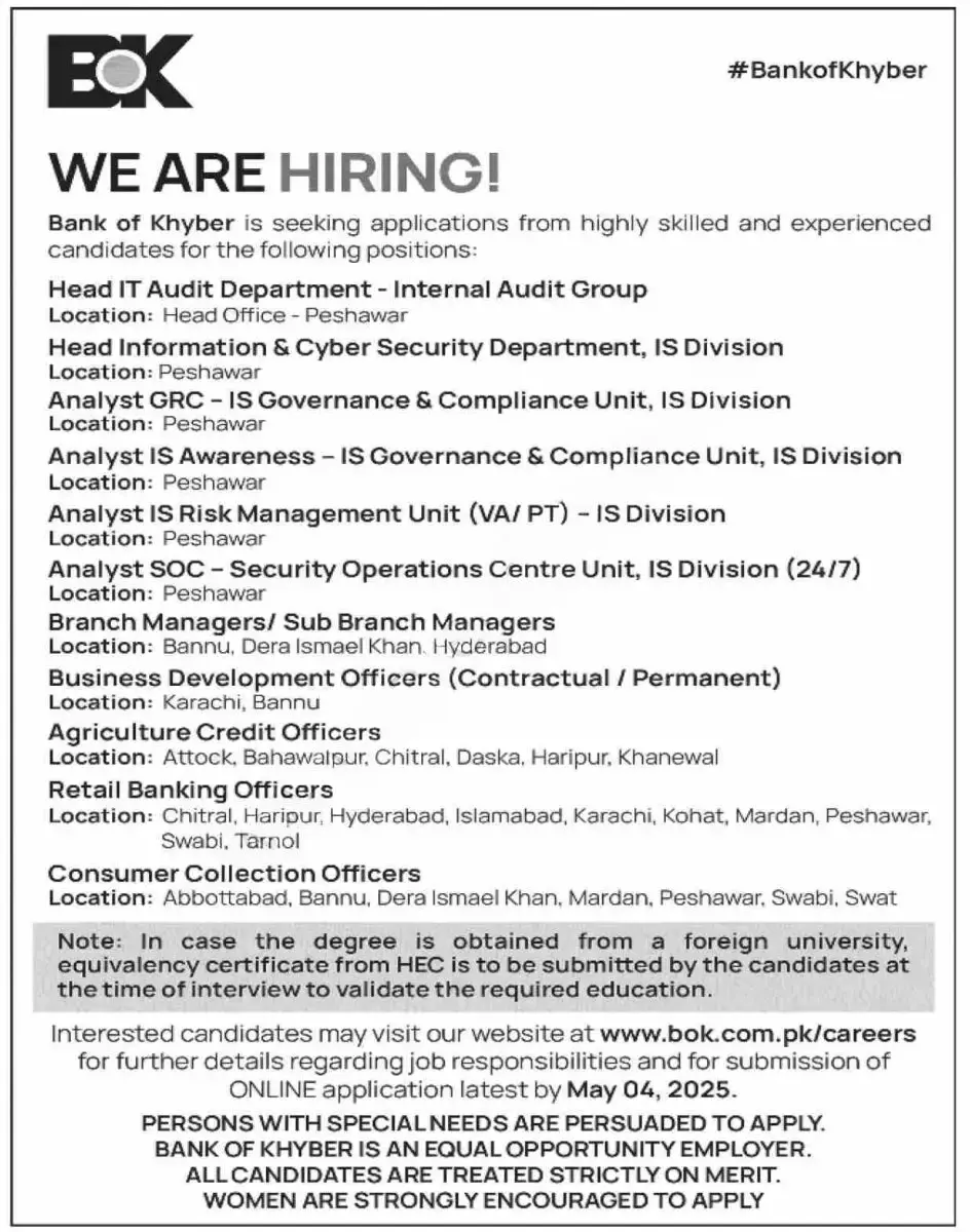 Bank of Khyber BOK Jobs 2025 Advertisement