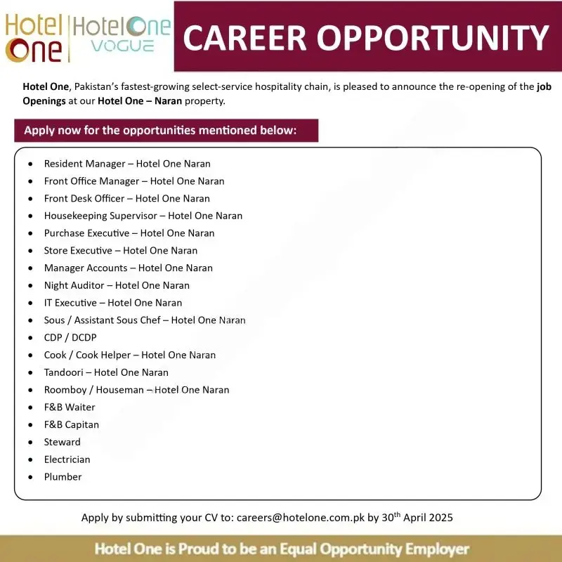 Hotel One Pvt Ltd Jobs 2025 Advertisement