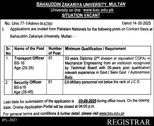 Bahauddin Zakariya University BZU Multan Jobs 2025 Latest Advertisement
