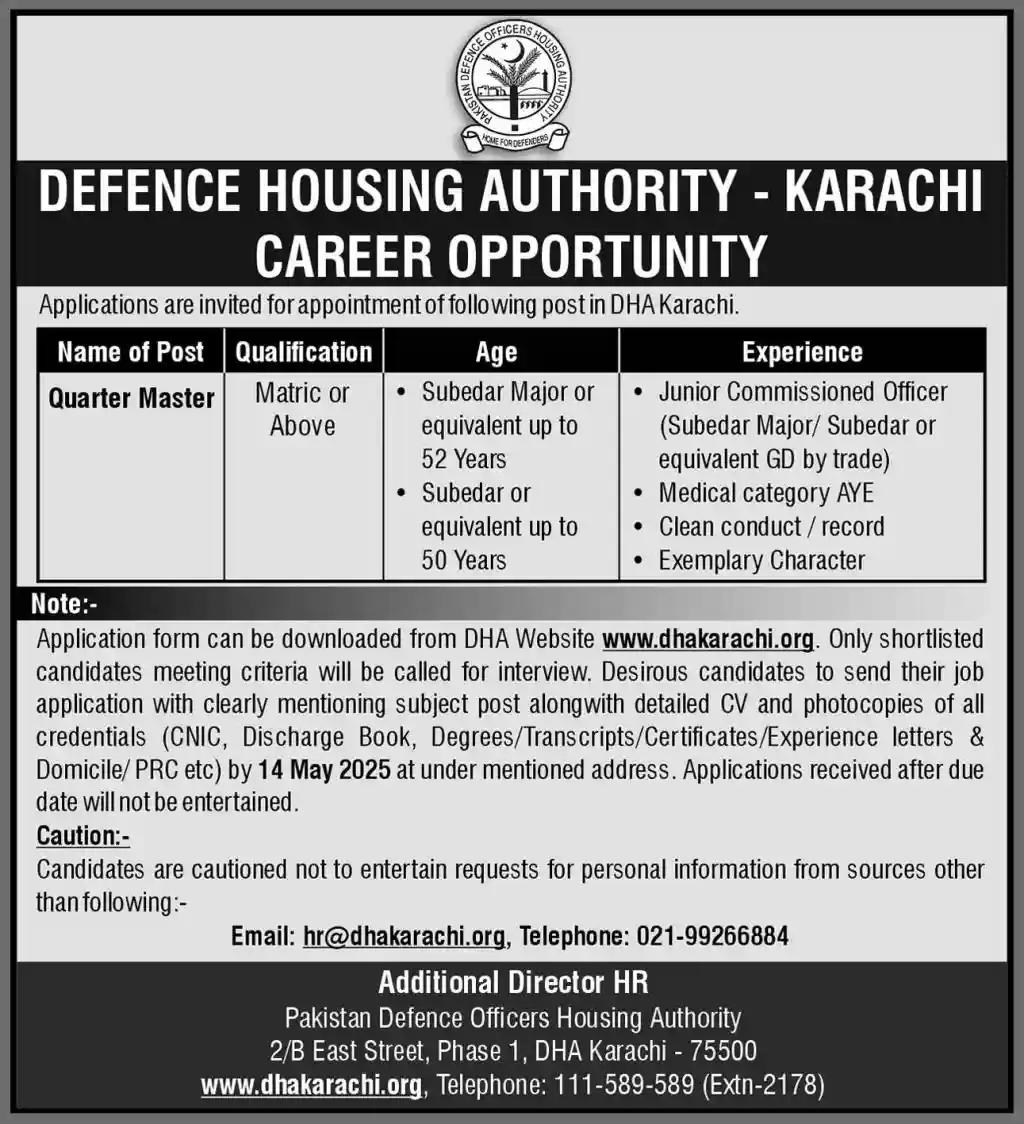 Defence Housing Authority DHA Karachi Jobs 2025 Today Advertisement