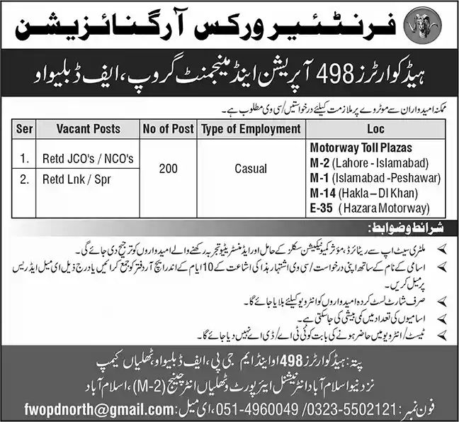 Frontier Works Organization FWO Jobs 2025 Latest Advertisement
