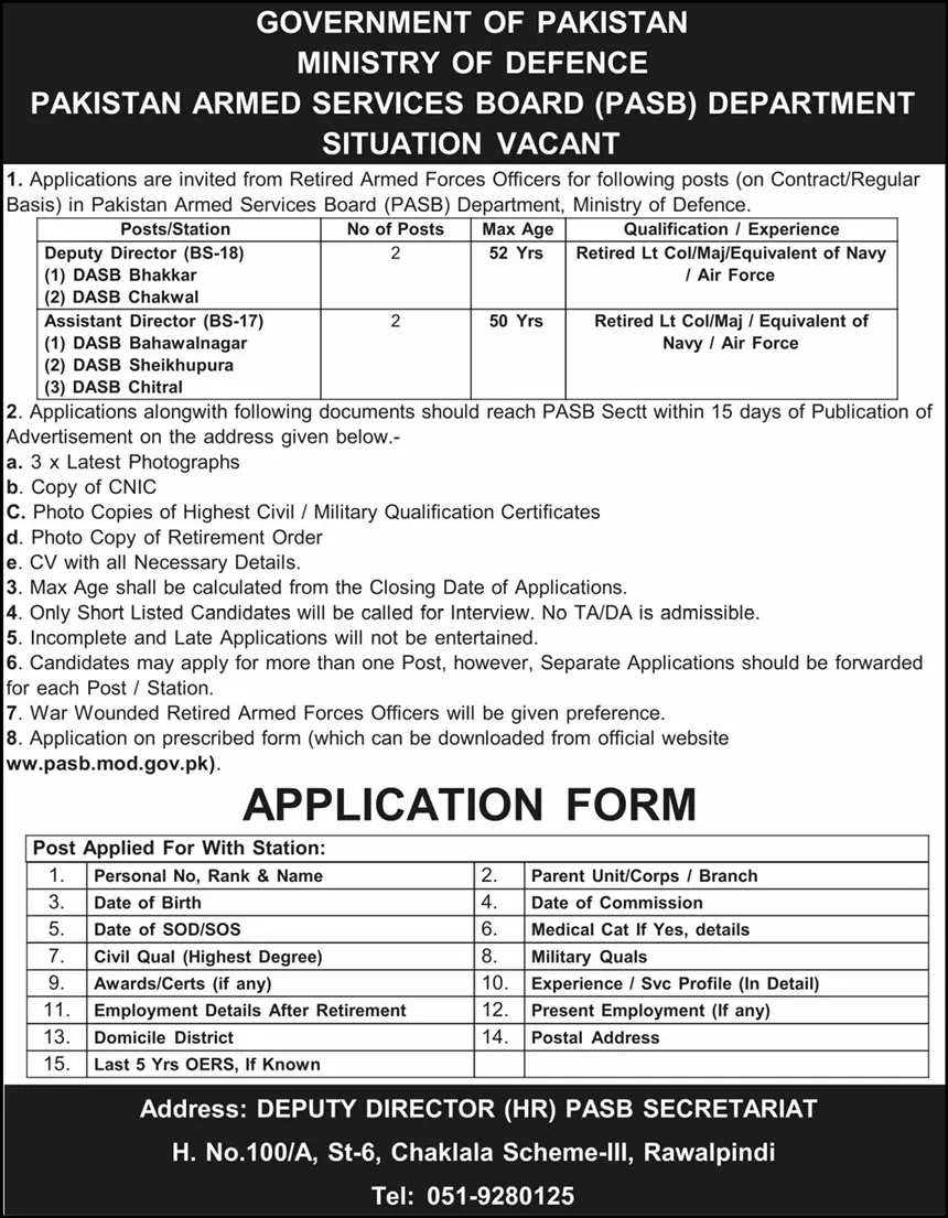 Pakistan Armed Services Board Department Jobs 2025 Latest Advertisement