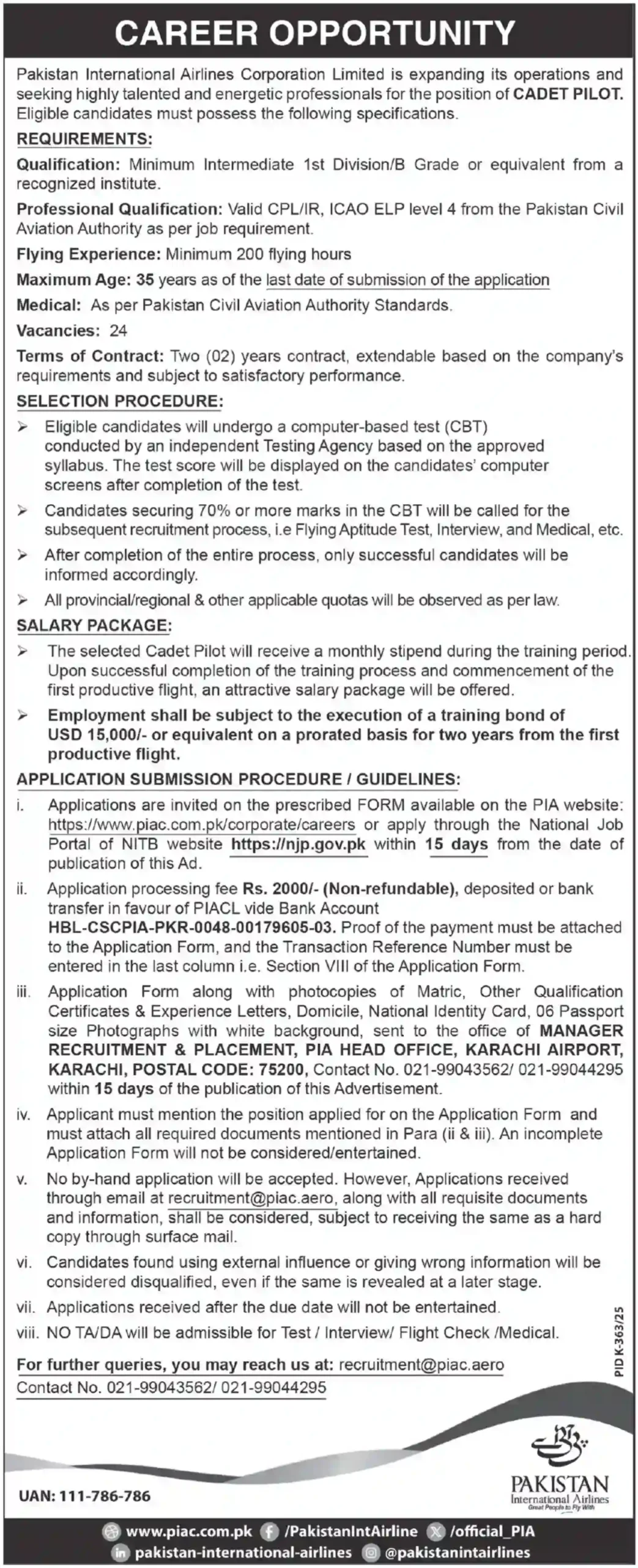 PIA Cadet Pilot Jobs 2025 Advertisement