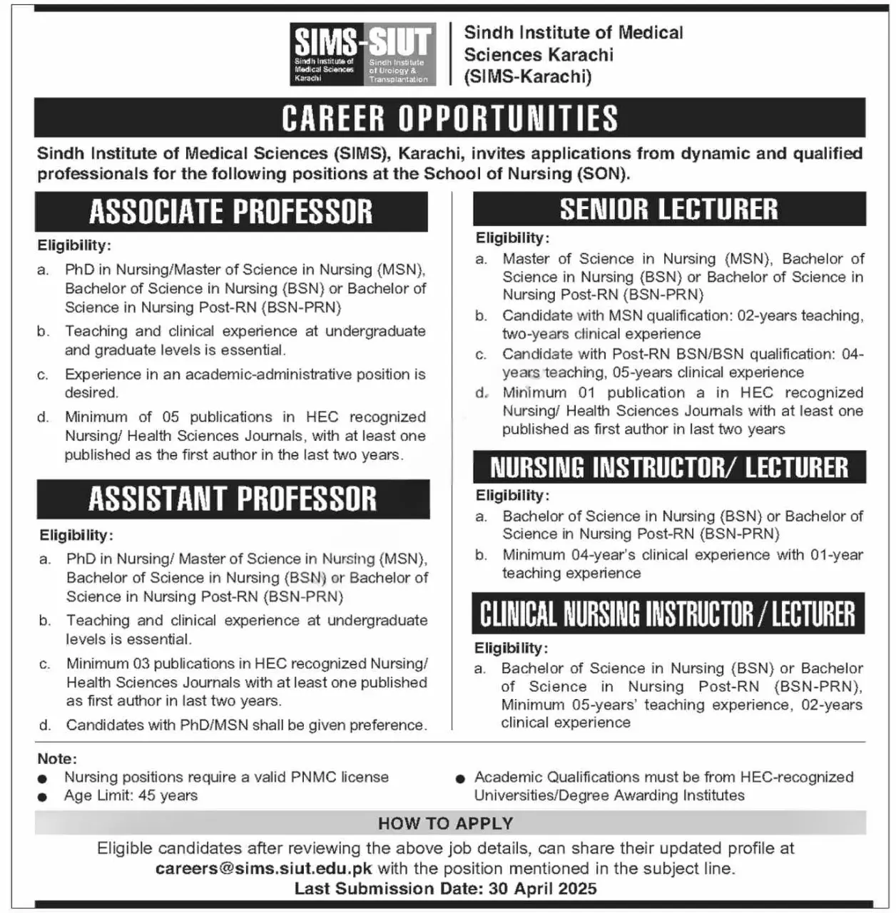 Sindh Institute of Medical Sciences SIMS Jobs 2025 Advertisement