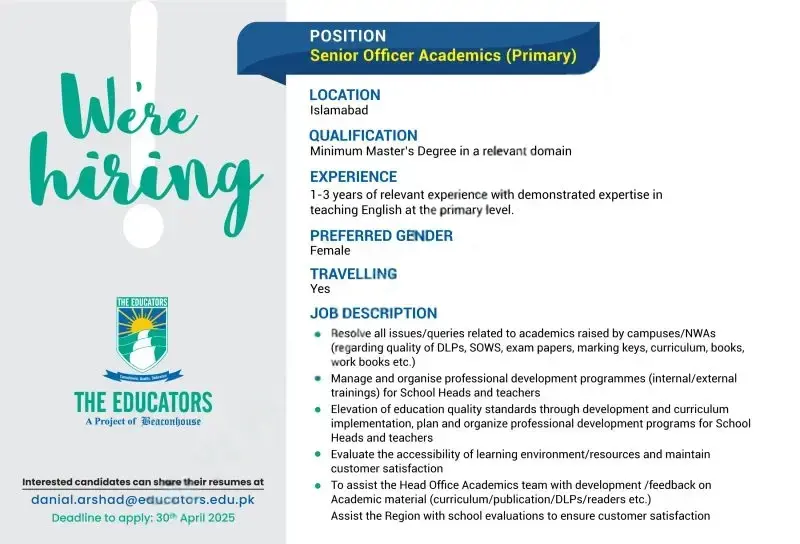 The Educators Jobs Senior Officer Academics 2025 Advertisement