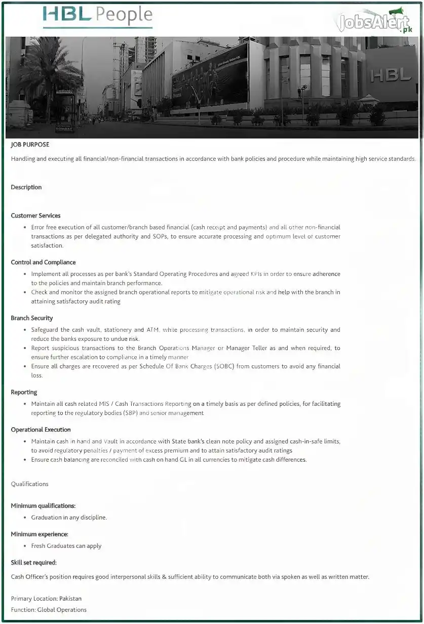 lastest HBL Cash Officer Jobs 2025 Advertisement