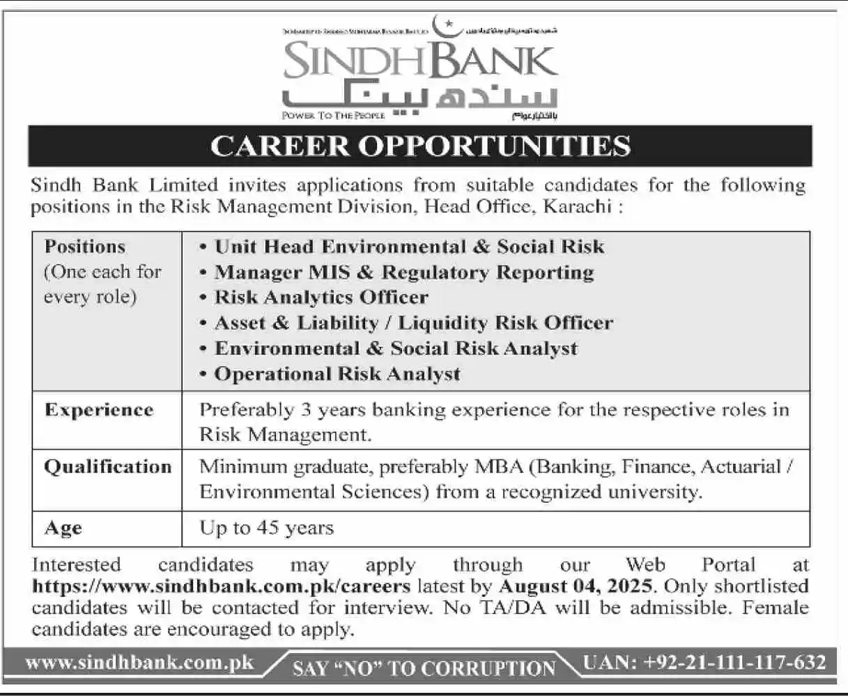 lastest Sindh Bank Limited Jobs 2025 Latest Advertisement