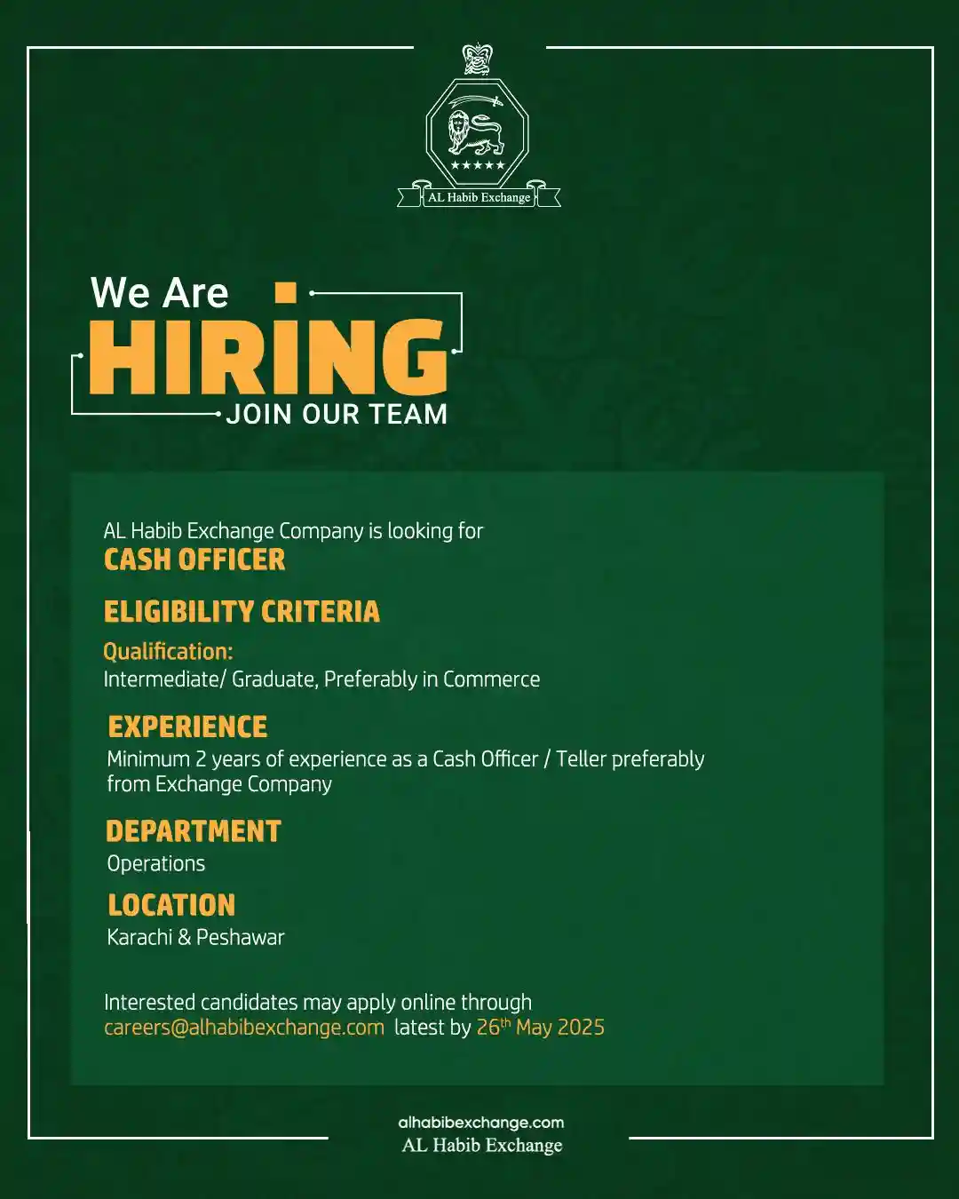 AL Habib Exchange Cash Officer Jobs 2025 Advertisement