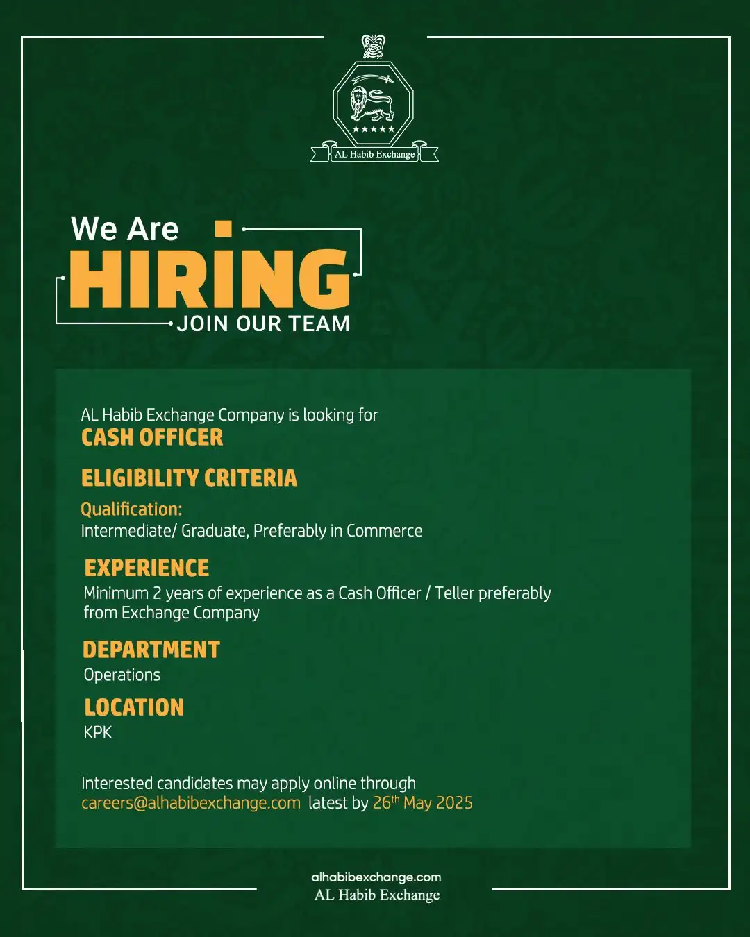 AL Habib Exchange Company Cash Officer Jobs 2025 Advertisement