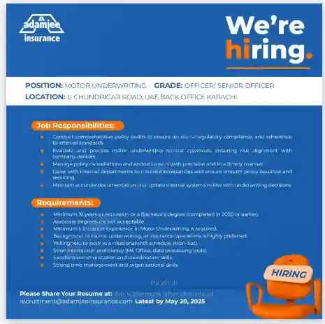 Adamjee Insurance Motor Underwriting Officer Jobs 2025 Advertisement