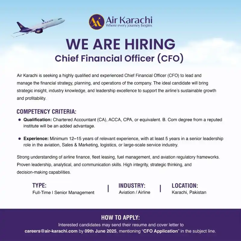 Air Karachi CFO Jobs 2025 Advertisement