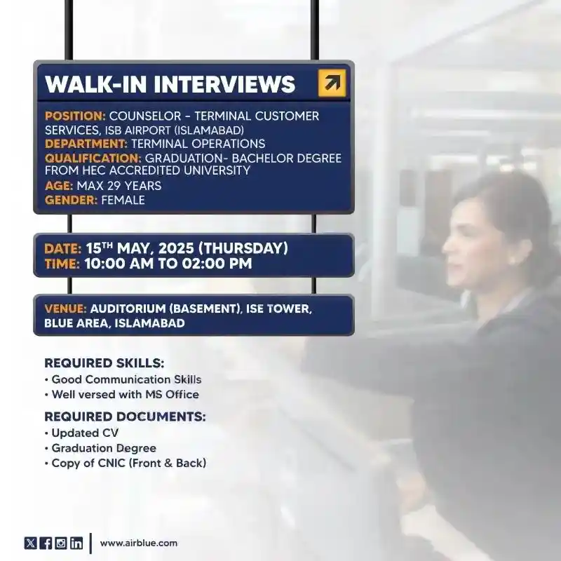 Airblue Counselor Jobs 2025 Advertisement