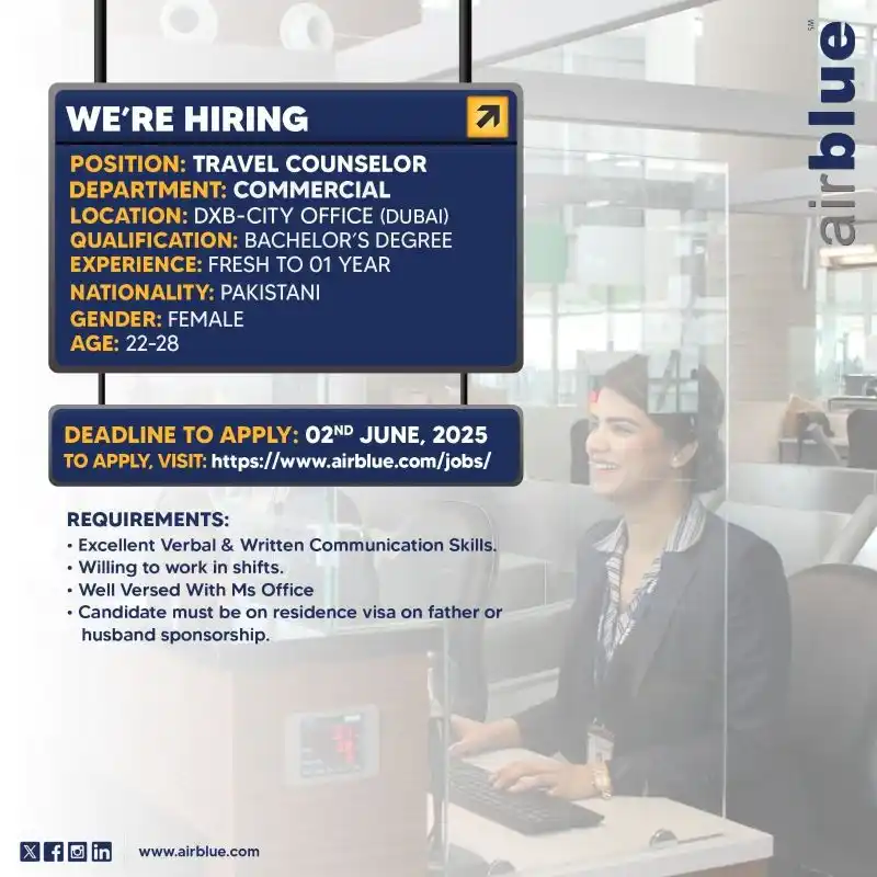 Airblue Travel Counselor Jobs 2025 Advertisement