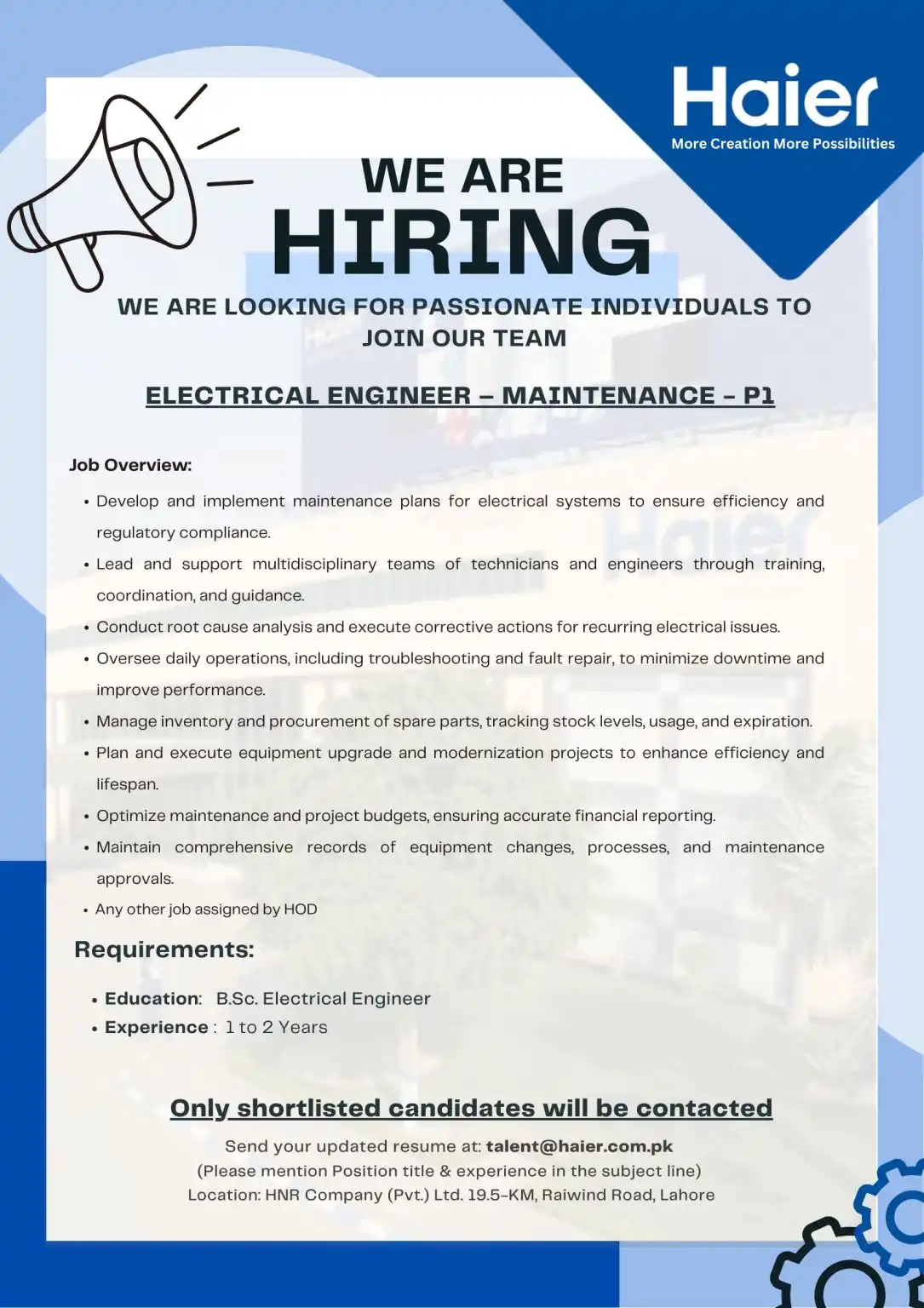 Electrical Engineer Jobs at Haier 2025 Advertisement