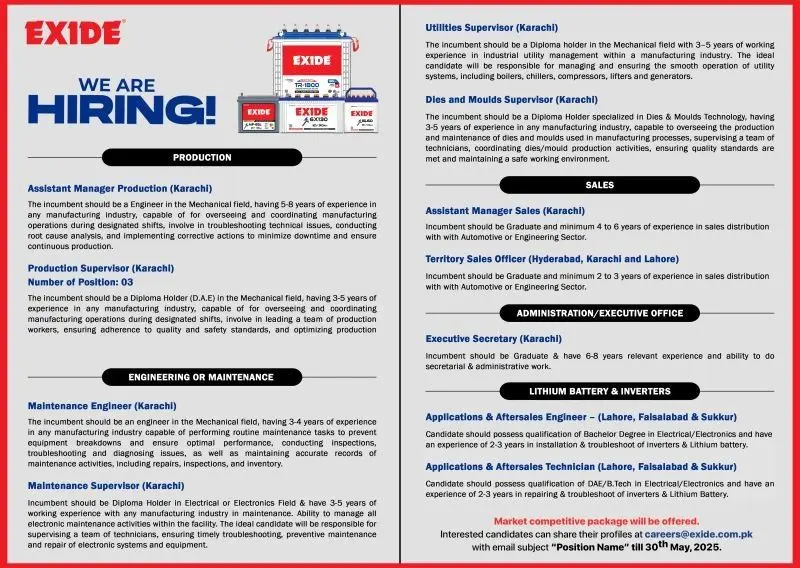 Exide Pakistan Limited Jobs 2025 Latest Advertisement