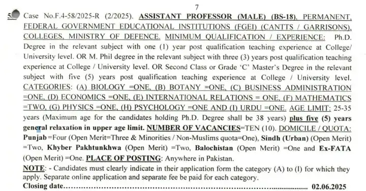 FPSC Assistant Professor Jobs 2025 Advertisement