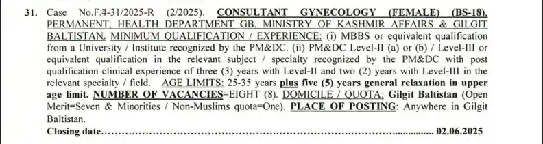 FPSC Consultant Gynecology Jobs 2025 Advertisement