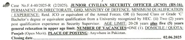 FPSC Security Officer Jobs 2025 Advertisement