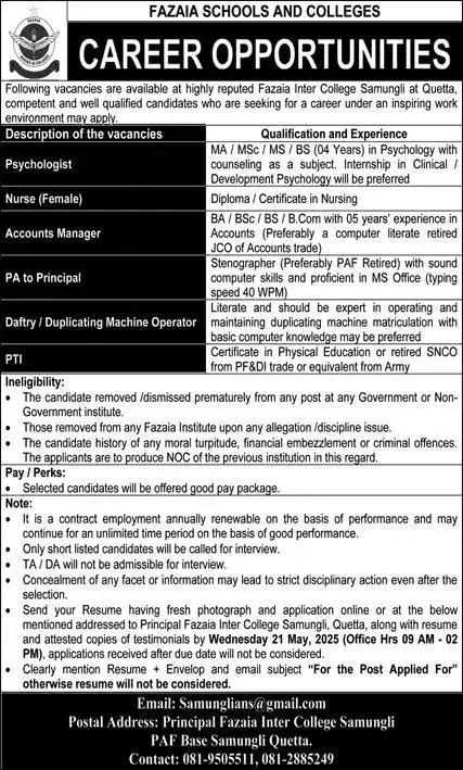 Fazaia Schools and Colleges PAF Base Quetta Jobs 2025 Advertisement