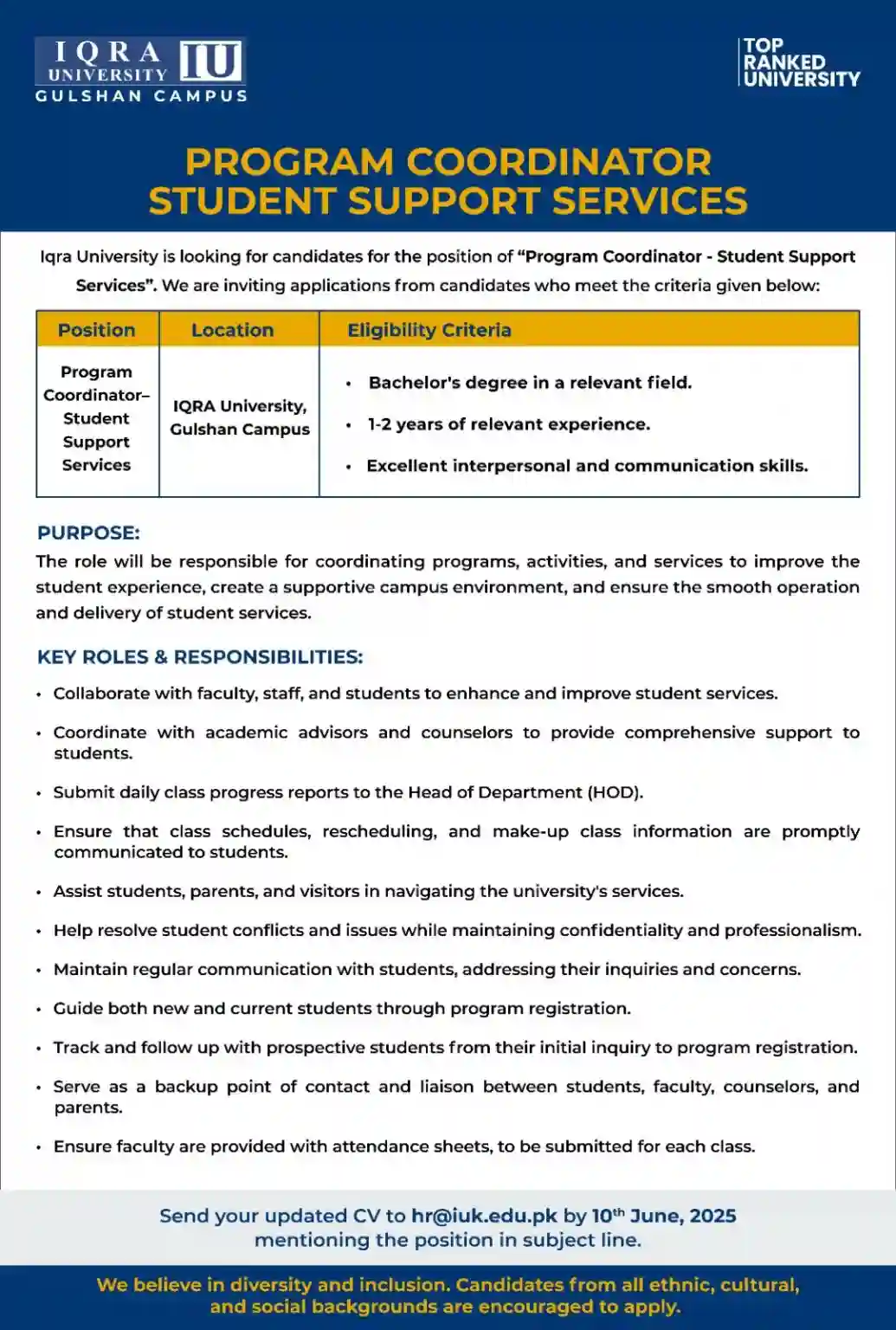 Iqra University Program Coordinator Student Support Services Jobs 2025 Advertisement