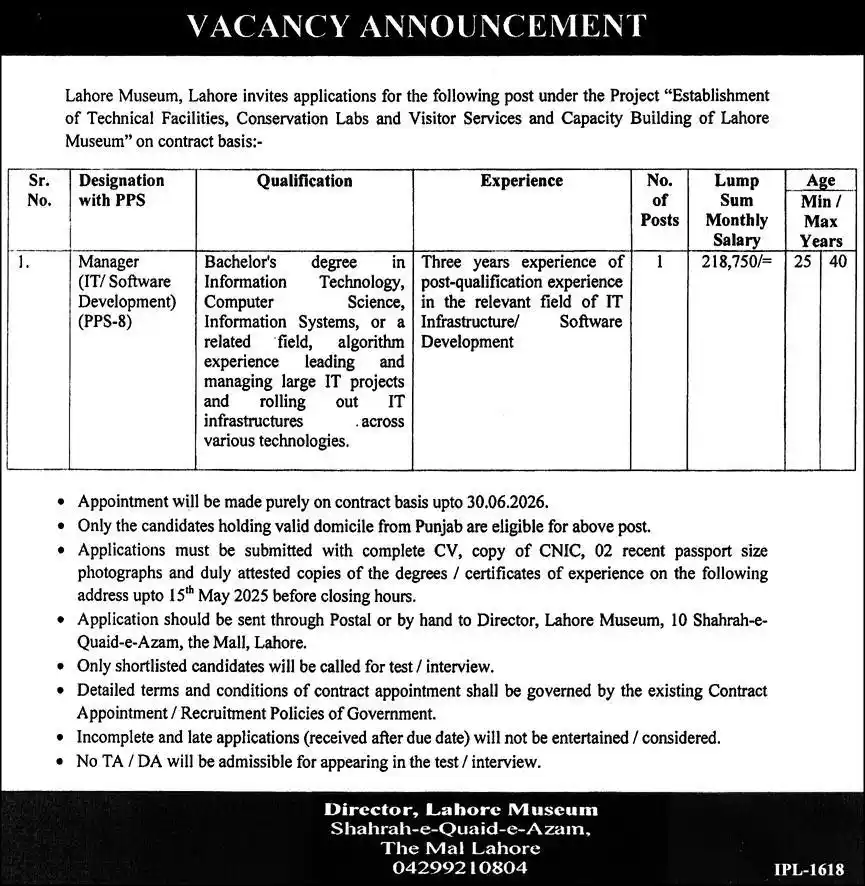 Lahore Museum Jobs 2025 Advertisement