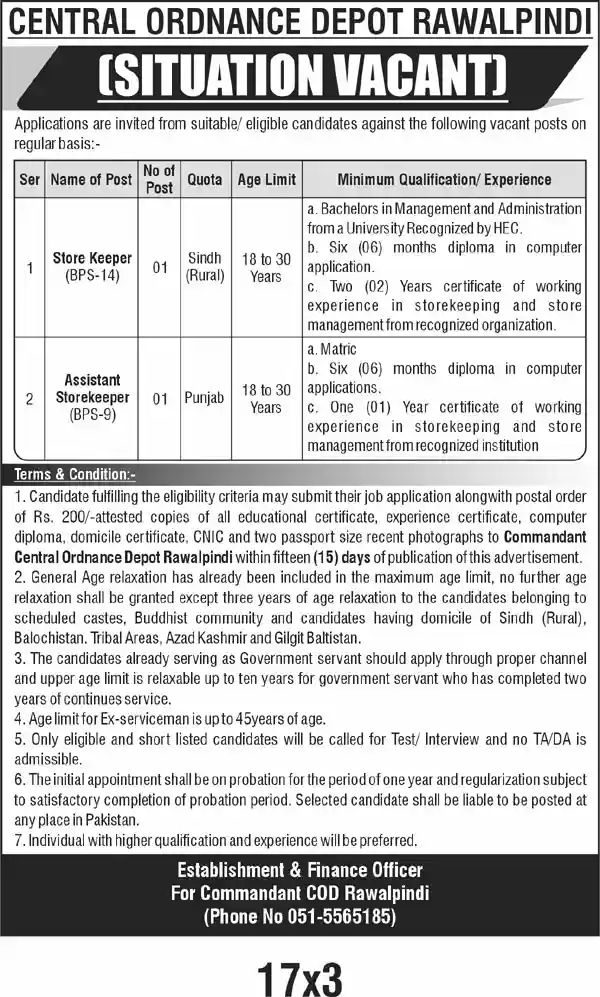 Central Ordnance Depot COD Rawalpindi Jobs 2025 Latest Advertisement