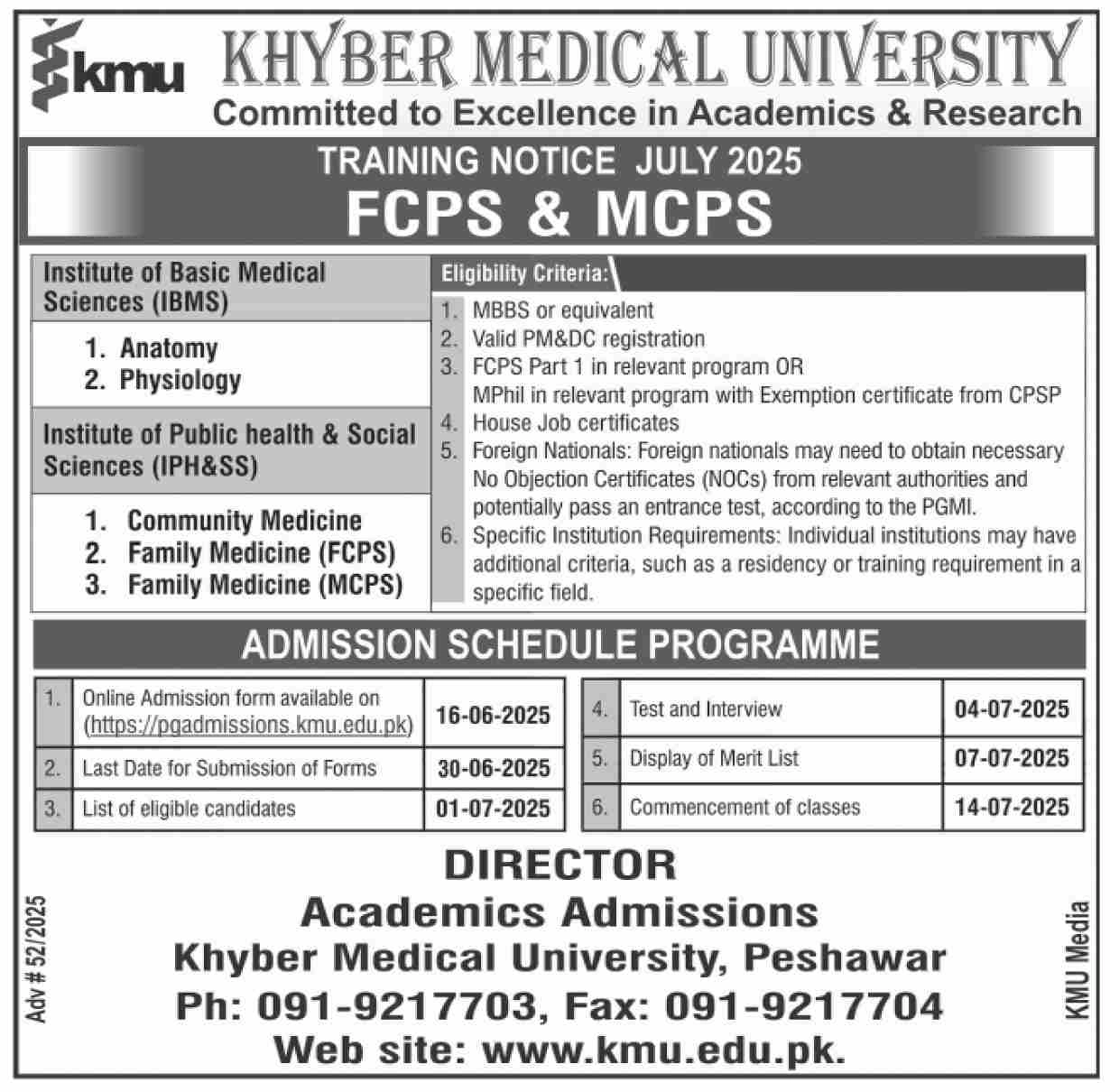 Khyber Medical University KMU Peshawar Jobs 2025 Today Advertisement