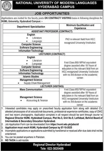 NUML Hyderabad Jobs 2025 Latest Advertisement