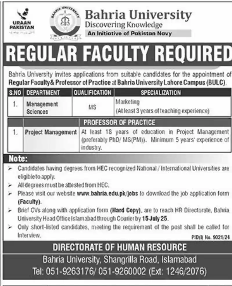Bahria University Islamabad Jobs 2025 Today Advertisement