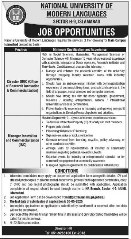 NUML Islamabad Jobs 2025