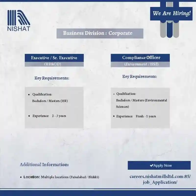 Nishat Mills Jobs 2025 Advertisement