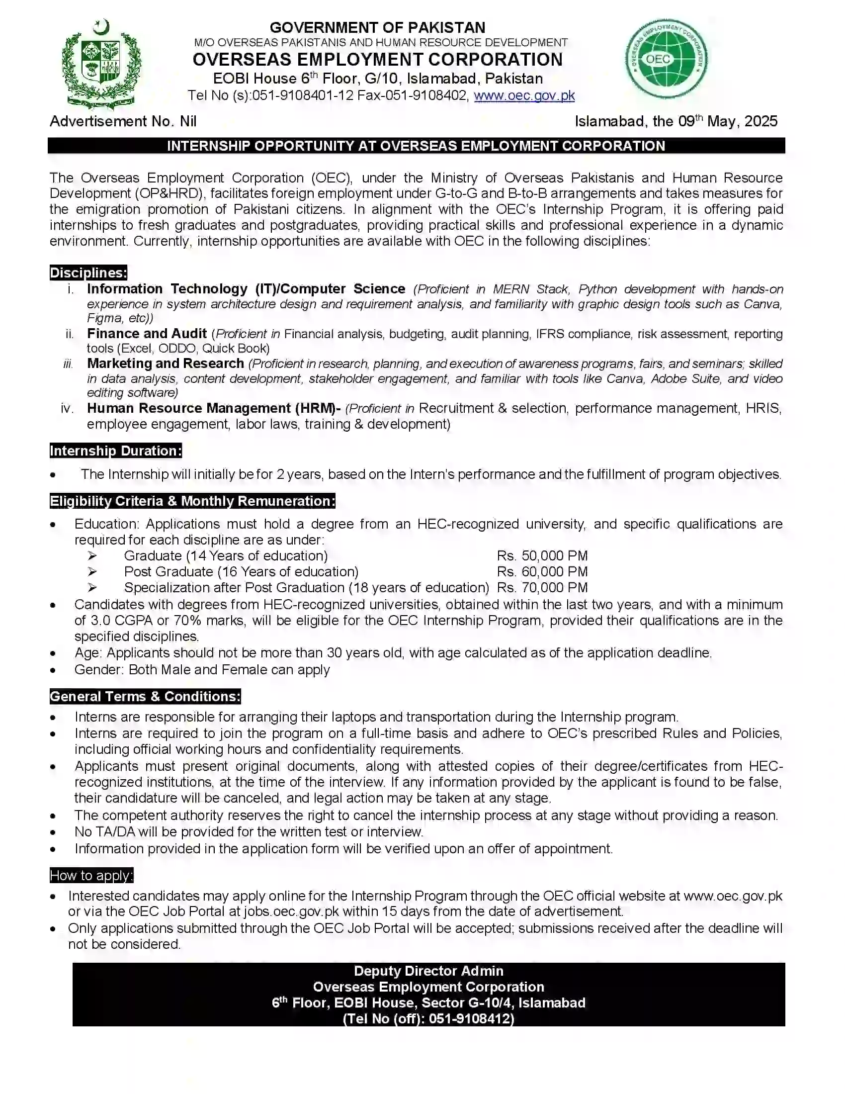 OEC Internship 2025 Latest Advertisement
