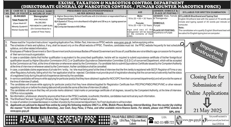PPSC Stenographer Jobs 2025 Advertisement