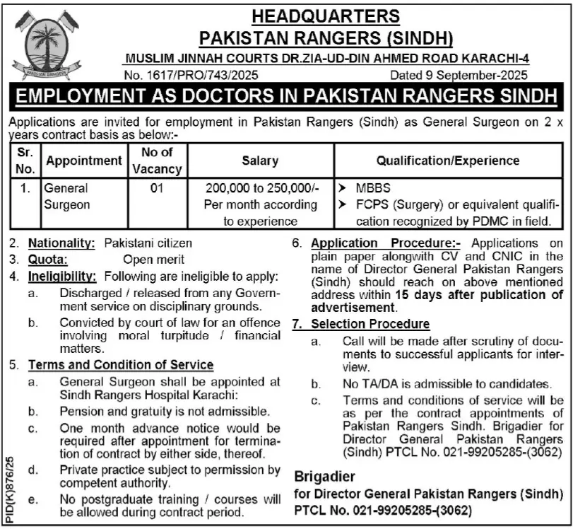  Pakistan Rangers Sindh Jobs 2025 Advertisement