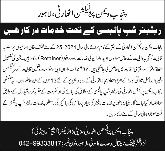 Punjab Women Protection Authority Jobs 2025 Advertisement