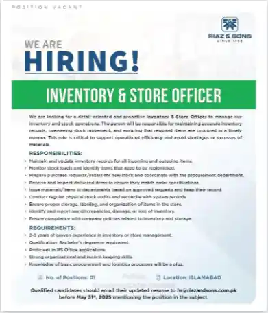 Riaz and Sons Jobs 2025 Advertisement