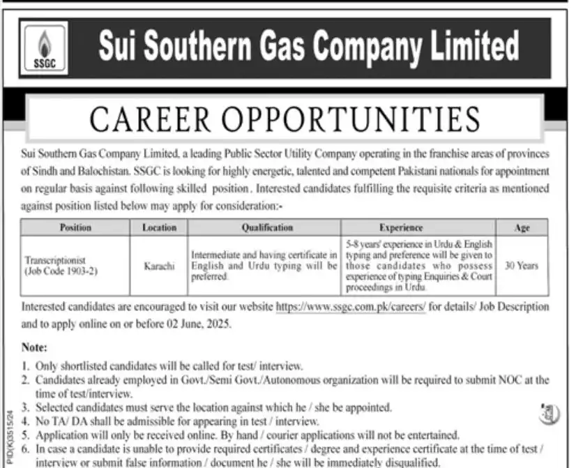 SSGC Transcriptionist Jobs 2025 Advertisement