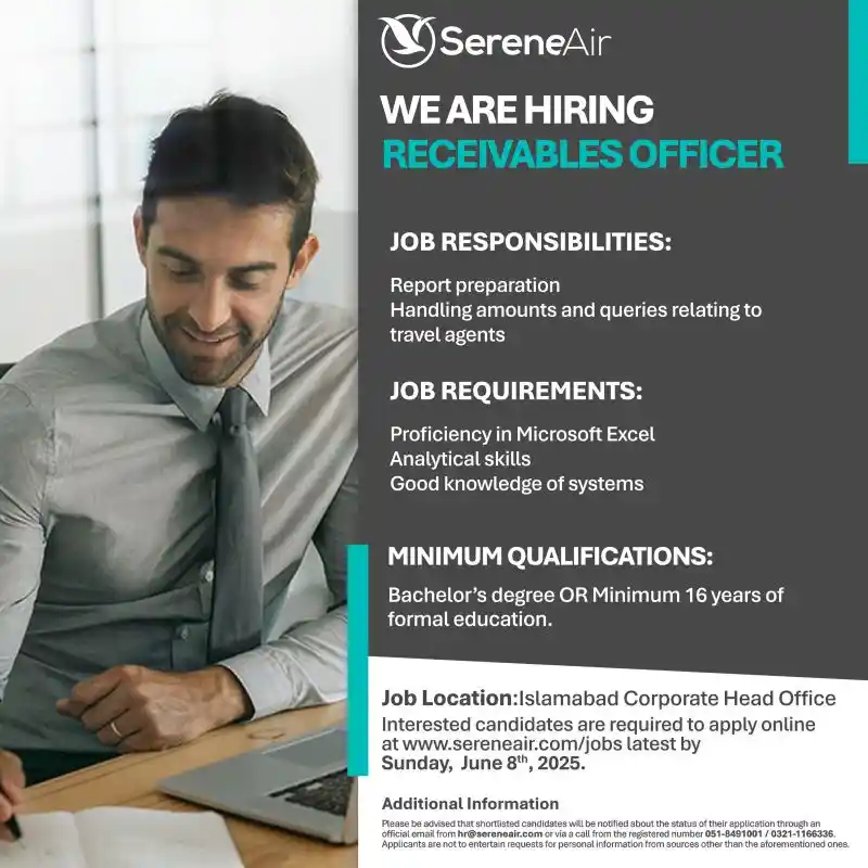 Serene Air Receivables Officer Jobs 2025 Advertisement
