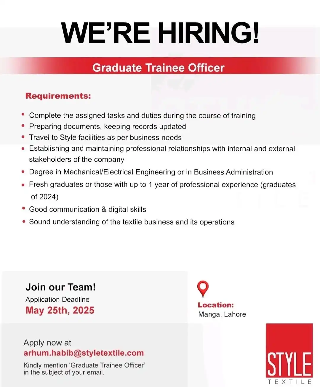Style Textile Graduate Trainee Officer Jobs 2025 Advertisement