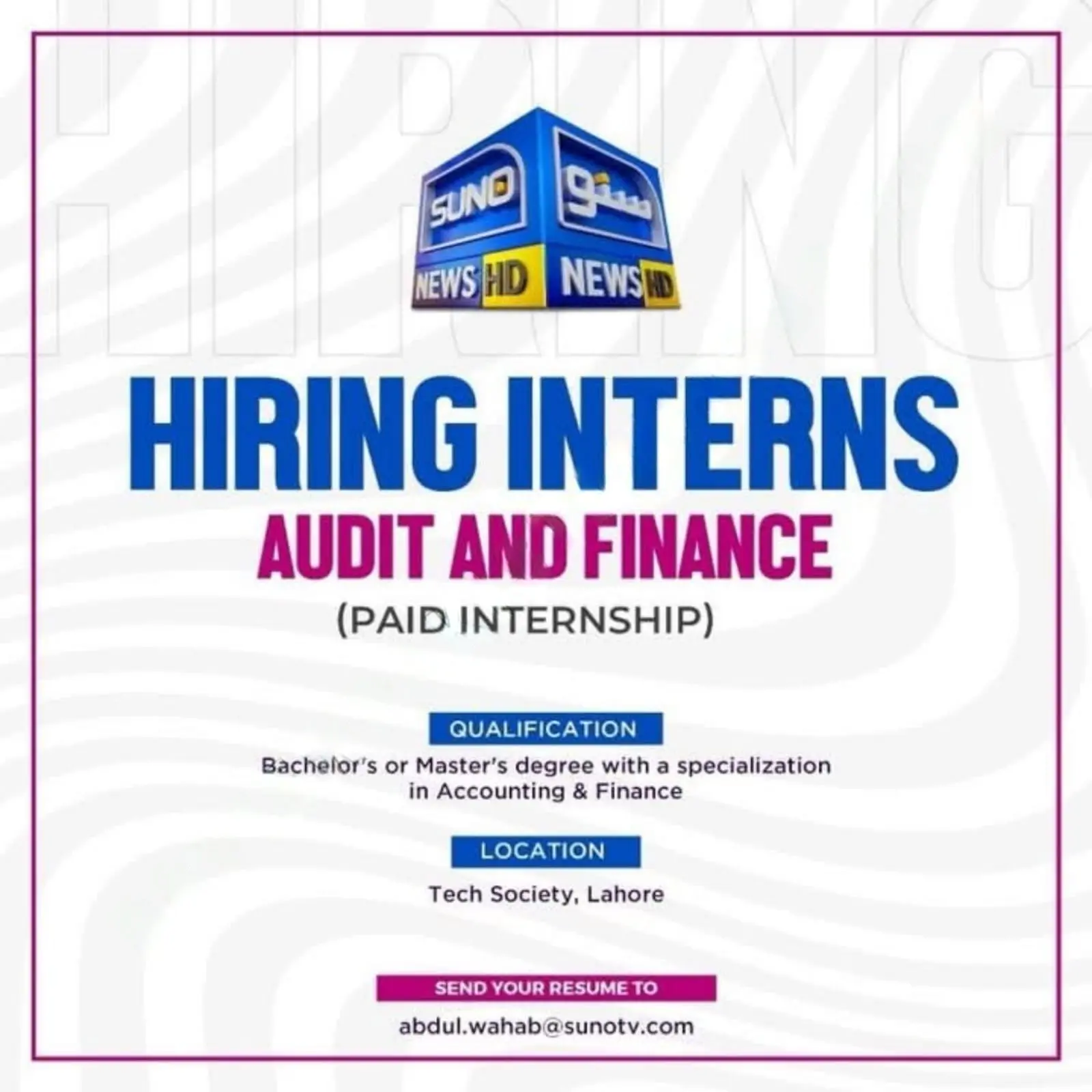 Suno News Audit and Finance Paid Internship Program 2025 Advertisement