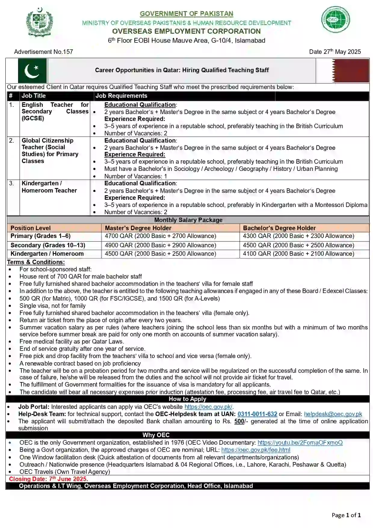 Teaching Jobs in Qatar 2025 Advertisement