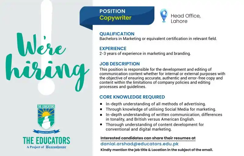 The Educators Copywriter Jobs 2025 Advertisement