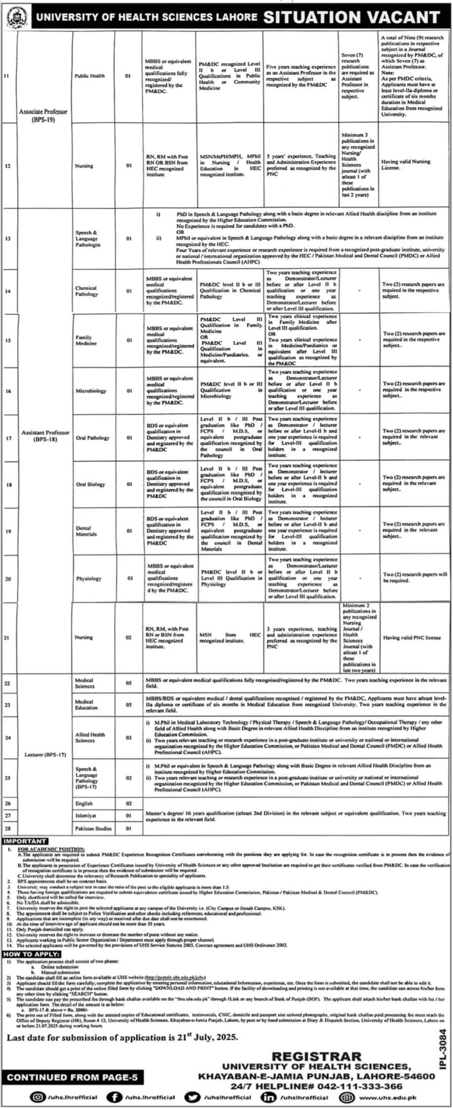 UHS Jobs Online Apply 2025 Advertisement: