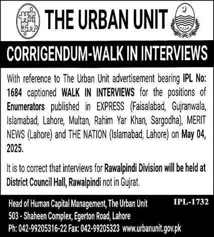 Enumerator Jobs in Urban Unit 2025 Advertisement