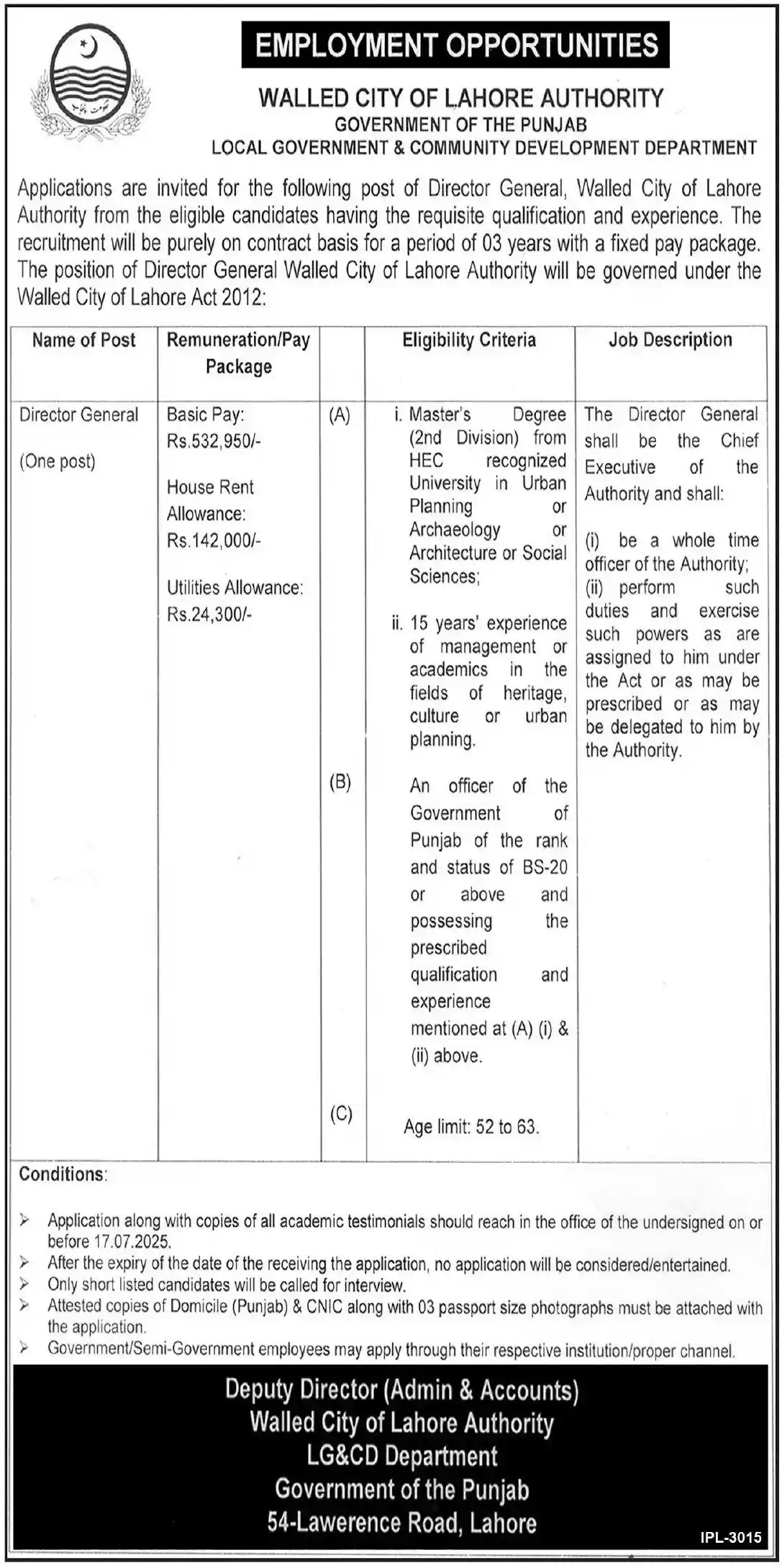 Walled City Of Lahore Authority Jobs 2025 Advertisement