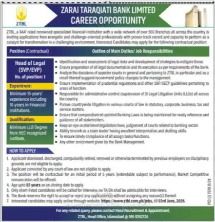 ZTBL Head of Legal Job 2025 Advertisement