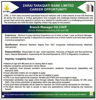ZTBL Jobs 2025 Latest Advertisement