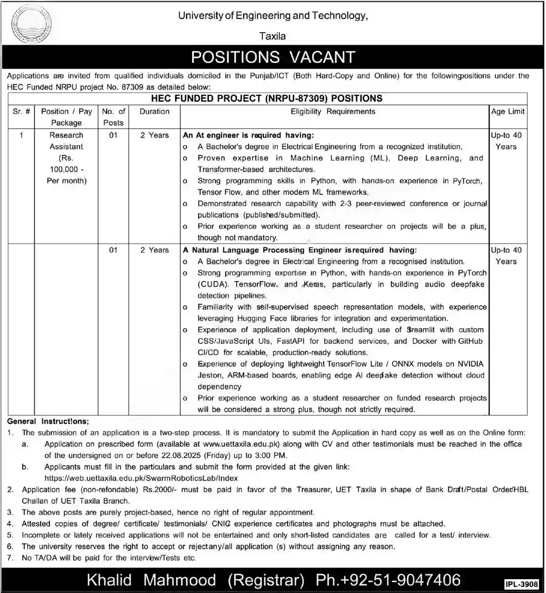 lastest UET Taxila Jobs 2025 Advertisement